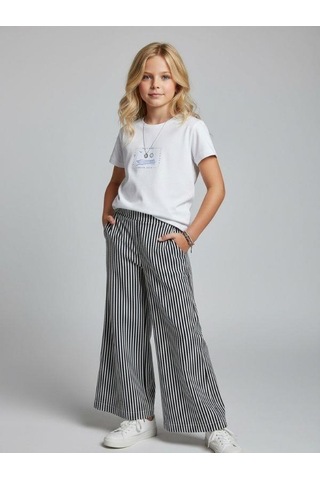 Zekids Kız Çocuk Çizgili Geniş Paça Pantolon-16894 Lacivert