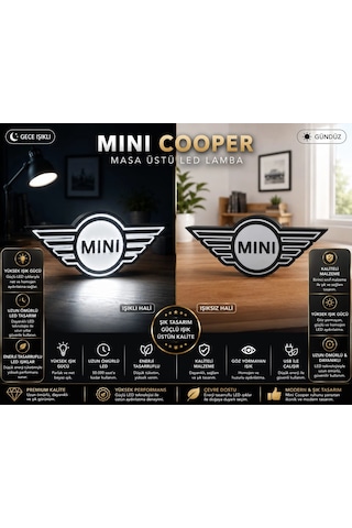 Mini Cooper Masa Lambası , Mini Cooper Logolu Led Işıklı Masa Lambası , Mini Cooper Gündüz Gece Masa Siyah