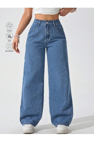 Blue Marlın Kadin Yüksek Bel Mavi Boyfriend Bol Paça Pantolon Lacivert