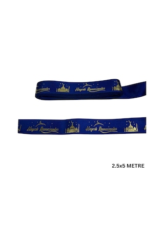 Hayırlı Ramazanlar Yazılı Hediye Paketleme Kurdelesi, Altın Varak Lacivert Saten Kurdele, 2.5cm X 5m Standart