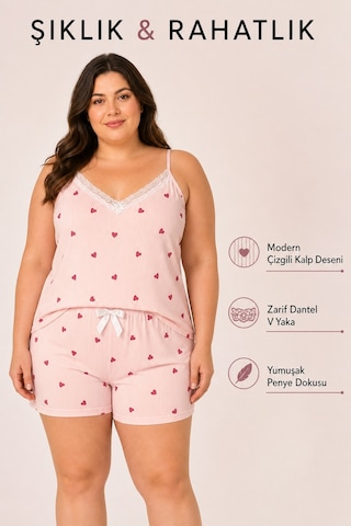 Bravie Kadın Büyük Beden İp Askılı Yakası Dantelli İnce Çizgili Kalp Desenli Yazlık Pijama Takımı Turuncu