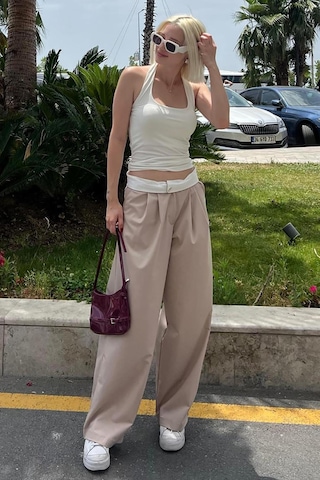 Madmext Bej Yüksek Bel Rahat Kesim Bol Paça Pantolon Mg2120-bej Bej