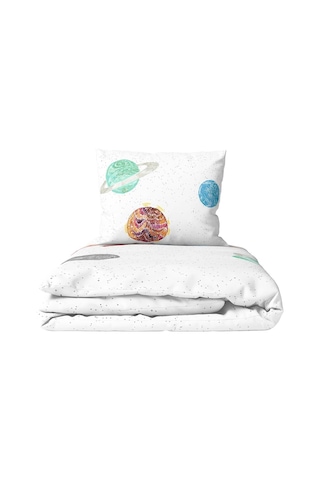 Space Planet White%100 Organik Pamuk Tek Kişilik Çocuk Nevresim Takımı 100 X 200 Cm Çok Renkli