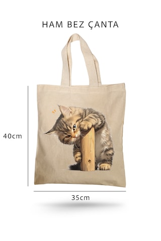 Lunora Collectıon Sevimli Kedi Baskılı Ham Bez Çanta Ham Renk