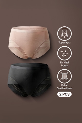 Auw Kadın Mikro Tüllü Toparlayıcı Slip Külot 2'li - Easyshape Pudra,siyah