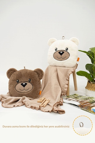 Mordesign Peluş Ayı Yastık, Sevimli Ayı Nakışlı Kırlent, Peluş Ayı Oyuncak, Bebek Yastık, Morbear Serisi Beyaz