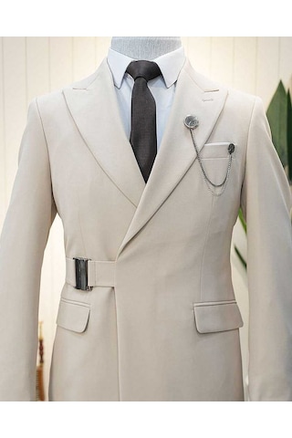 Bys Beystil Erkek Bej Slimfit Beli Tokalı Takım Elbise