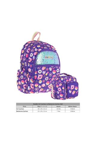 Kaukko Kids Pullu Şekerleme Desenli, Kız Çocuk Mor Okul Çantası + Beslenme Çantası Seti L5216+l7216 Mor