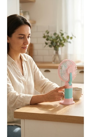 Mini El Fanı Pembe-mavi Kompakt Tasarımlı, Usb Şarjlı Güçlü Taşınabilir Vantilatör Fan-pl104
