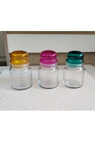La V Vakumlu Renkli Kapak Cam 3'lü Kavanoz Seti 290 Cc