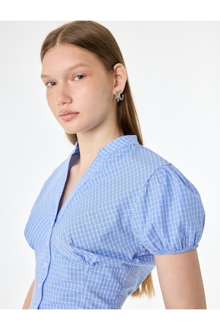 Koton Pamuklu Slim Fit Poplin Balon Kollu V Yaka Gömlek Mavi Ekose 6sal60211ıw