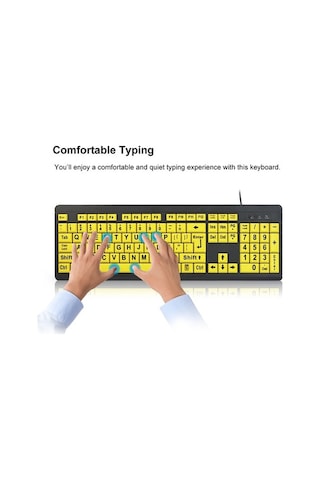 Dancemonkey 10 Sarı Renkli Kablolu Usb Büyük Baskı Klavye, Düşük Görme İçin Yüksek Kontrast, Geniş Kullanıcılar Klavyesi