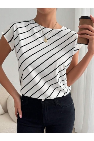 Simala Kadın Kısa Yarasa Kollu Bisiklet Yaka Çizgi Desenli Atlas Bluz Beyaz