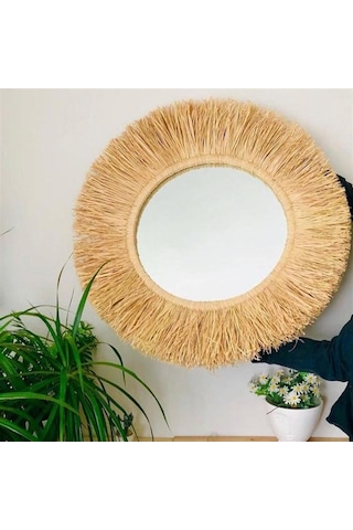 Reyo Home Bohem Ahşap Rafya Ayna