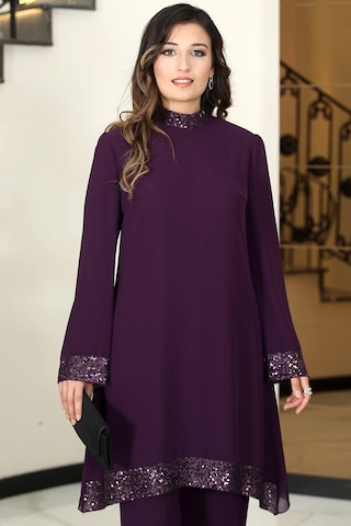 Umay Şifon Tunik Pantolon İkili Tesettür Takım Mürdüm Mürdüm