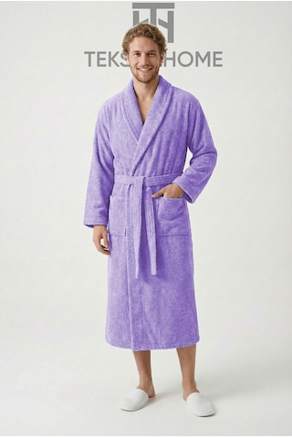 %100 Pamuklu Unisex Bornoz Şalyaka Cepli Büyük Beden 3xl 4xl Erkek Kadın Bornoz Lila