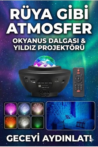 Galaksi Yıldız Projektörü Ve Bluetooth Hoparlör 10 Renk Modlu Okyanus Dalgalı Gece & Disko Lambası Belirtilmemis
