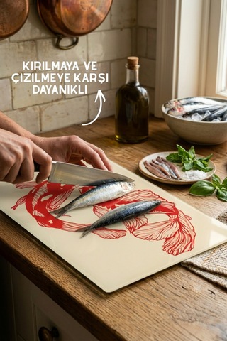 Koi Balık Desenli Cam Kesim Tahtası - 25x35cm -dayanıklı Ve Pratik Kesim Matı Kırmızı