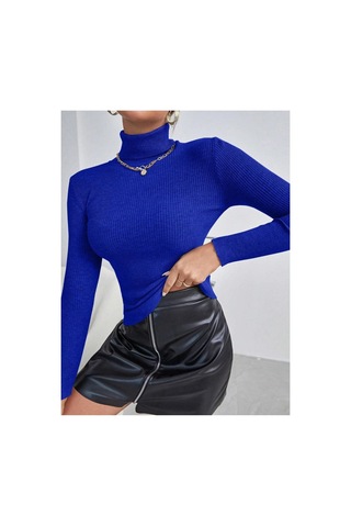 Hanclo Kadın Fitilli Balıkçı Yaka Slim Fit Triko Kazak Mavi
