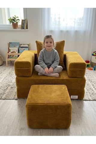 Premium Koyu Gri Fitilli Kadife Modüler Çocuk Koltuğu Ve Puf Seti - Bebek Dinlenme Koltuğu Hardal