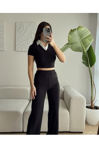 Elaxi Ottoman Kumaş Gömlek Garnili Crop-pantolon İkili Takım Siyah
