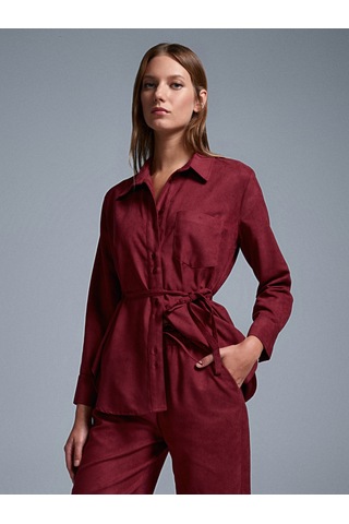 Dilvin 50518 Kemerli Süet Gömlek-bordo Bordo