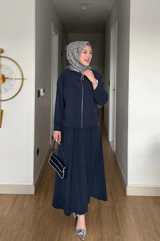 Mihran Butik Cupra Kumaş Lacivert Kadın Elbise Etek Takım Lacivert