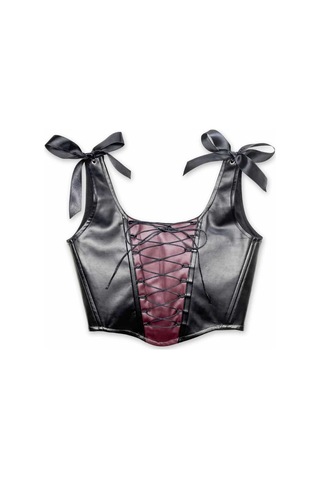 L'aura Corset Siyah Bordo Çapraz Bağlamalı Deri Korse Büstiyer