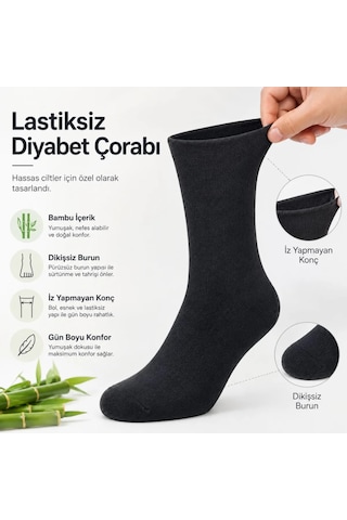 Womanandkids Wak Bambu Diyabet Çorabı Lastiksiz Dikişsiz Burun Siyah Uzun Konç Hassas Ayaklar İçin