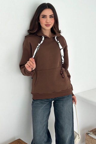 Noa & Noa Kadın Fular Detaylı Kapüşonlu Sweatshirt Casual Charm Kahverengi