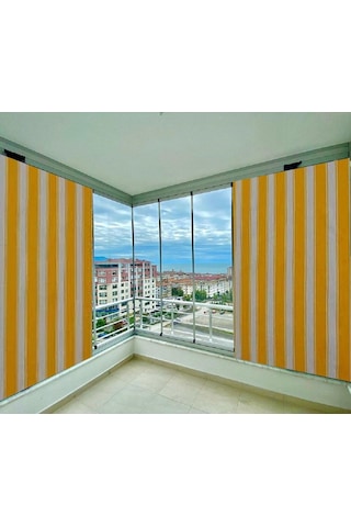 Ceylan Home Balkon Perdesi Kuş Gözü Ölçü Seçenekli Sarı Beyaz Çizgili Sarı