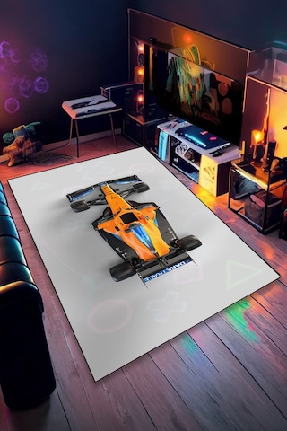 Formula 1 Turuncu Yarış Arabası Halı Kaymaz Taban Yıkanabilir Genç Odası Halısı F1.2