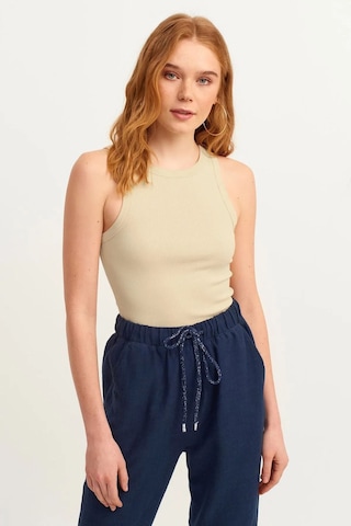 Mea Capio Kadın Krem Fitilli T-shirt Halter Yaka Örme Atlet Krem