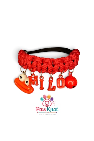 Pawknot Kişiye Özel İsimli Paracord Kedi Ve Köpek Tasması - Kırmızı / Sevimli Figürlü & Çanlı Kırmızı - Siyah