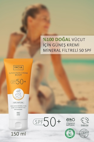 INCIA %100 Doğal Vücut Güneş Kremi Leke Karşıtı Mineral Filtreli Yüksek Koruma SPF 50+ UVA UVB 150 ML