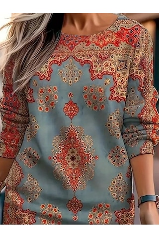Modi Kadın Uzun Kollu Yuvarlak Yaka Desenli Mini Modal Elbise