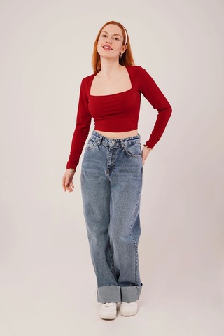 Defymoda Kare Yaka Basic Bordo Bluz Bordo