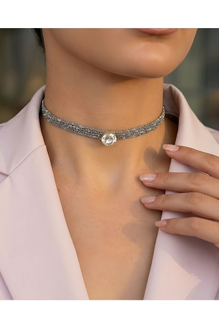 Kordon Zincir Örme Kristal Taşlı El Yapımı Choker Tasma Şeffaf Silver Renk Kolye Şefffaf