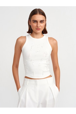 Dilvin Boncuk İşlemeli Fitilli Atlet Beyaz