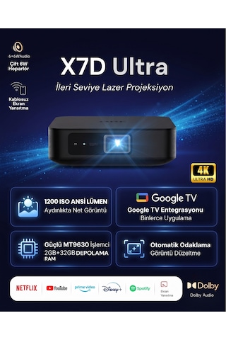 OBE X7D Ultra Google TV Destekli 4K 1200 ISO Otomatik Odaklı Akıllı Projeksiyon Cihazı