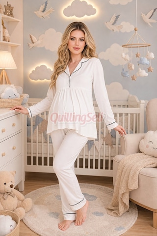 Quilling Lady Ekru Renkli, Kol Ve Paçaları Manşetli, 33202 Uzun Kol, 2 Parça Lohusa Hamile Pijama Takımı M - L