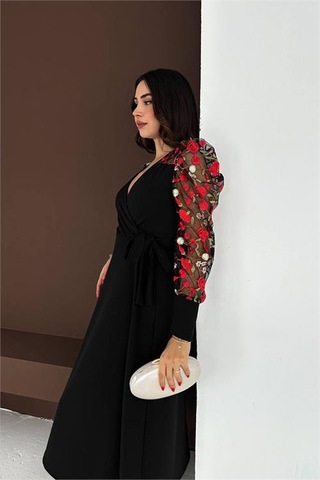 Neşeli Butik Kadın Siyah Tül Kol Çiçek İşlemeli Midi Boy Elbise Nbk4409 Siyah