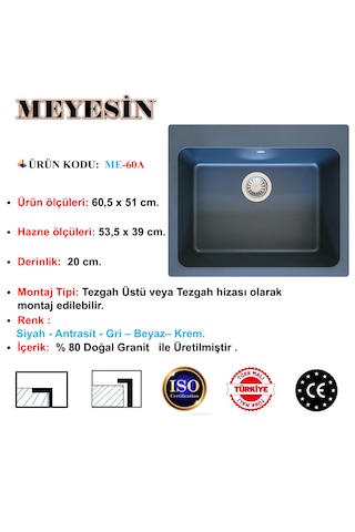 Meyesin ME-60A Granit Tek Göz Mutfak Evyesi Antrasit 50 x 60 CM