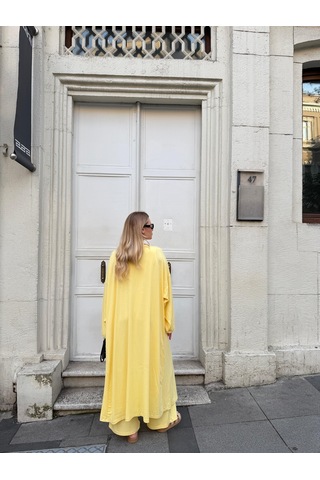 Bonacosa Kadın Viskon 3 Lü Takım Kimono + Beli Lastikli Salaş Pantolon + Kısa Kol Tshirt 8 Renk Sarı