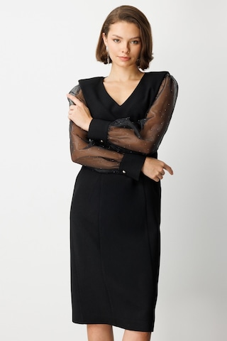 Ekol Kadın Kolları Taşlı V Yaka Midi Elbise 4025 Siyah Siyah