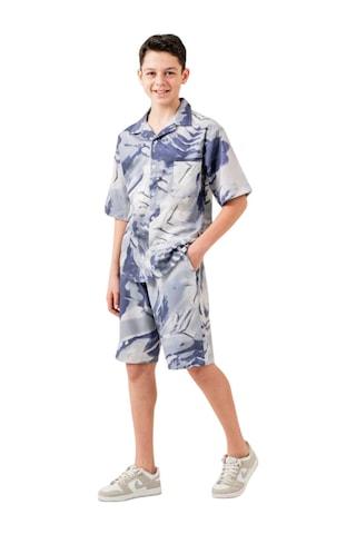 İrem Çocuk Giyim Erkek Çocuk Batik Desenli Mavi Gömlek Şort Oversize İkili Takım Mavi