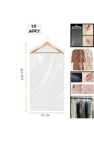 10 Adet 70x120 Cm Şeffaf Elbise Poşeti, Askı Delikli Omuz Kesimli Koruyucu Elbise Kıyafet Hurcu