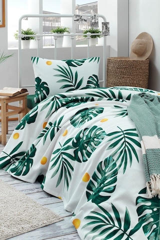 Tek Kişilik Doğal Pike Baskılı Monstera Yeşil Yeşil