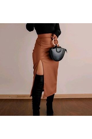 Vonda Kadın Modası Düz Renk Yırtmaçlı Düz Etekler Turuncu