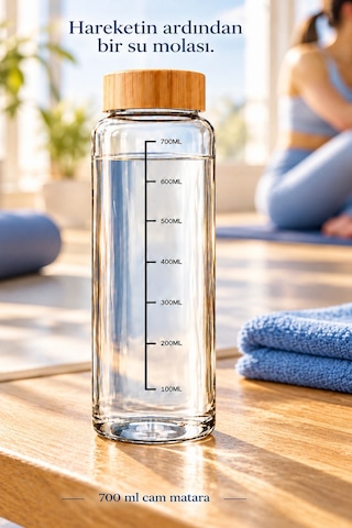 Tilbe Home Bambu Kapaklı Cam Matara Sporcu Suluğu Taşınabilir Su Şişesi 700 Ml Vakumlu Suluk Şeffaf